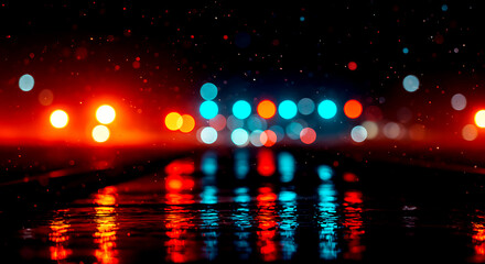 Abstract bokeh lights reflecting on wet dark asphalt at night image
