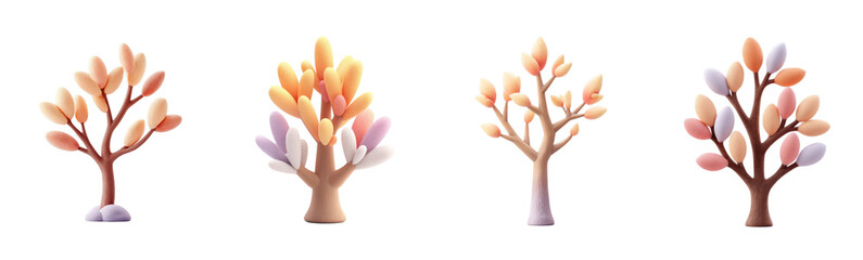 Four pastel trees stand, with stylized leaves. Whimsical, artistic, nature, springtime, colorful, playful, creative, fun, art, fantasy, cute