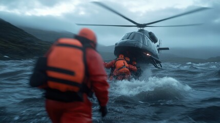 Rescue team in action: helicopter evacuation amidst stormy seas