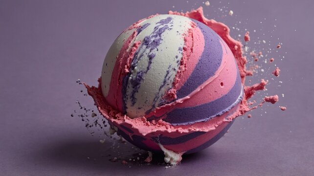 A colorful bath bomb explodes in shades of pink, purple, and green, creating a vibrant splash against a soft purple background.