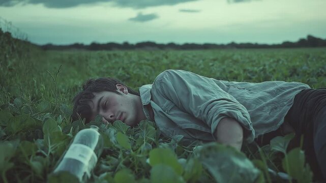 A young man is unconscious in a field with green vegetation and a bottle nearby during the evening light