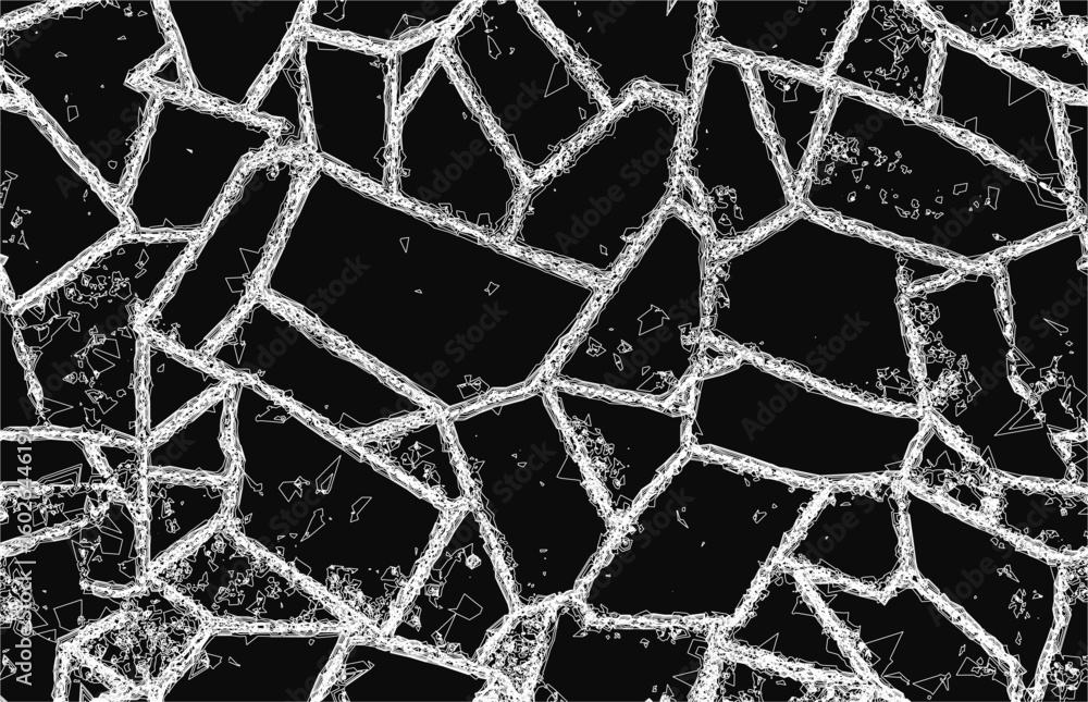 Poster a black and white abstract background features a striking broken glass pattern, resembling masonry o
