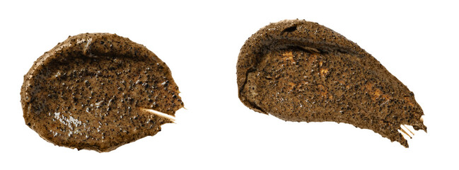 Variety sugar coffee scrub swatch isolated on transparent background. Cosmetic exfoliation scrub...