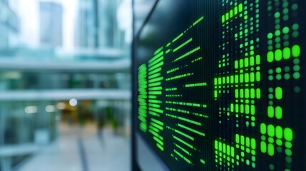 A digital board displays green stock market data, blurred cityscape in the background, representing financial trading and investment environments.