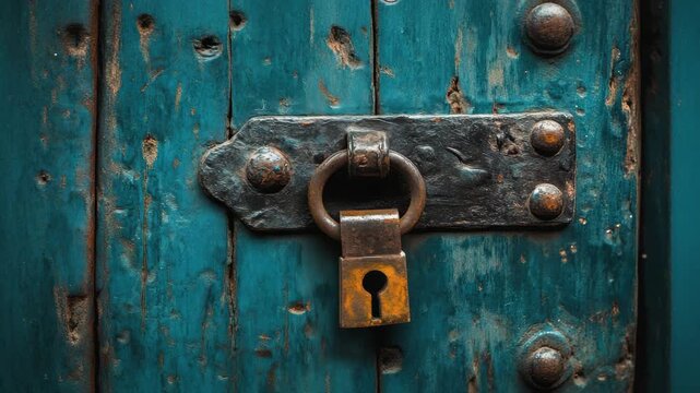 Rusty padlock on old blue wooden door with metal hinges, bolts, and latch, showcasing vintage texture and aged security details in close up view for historic metal lock protection