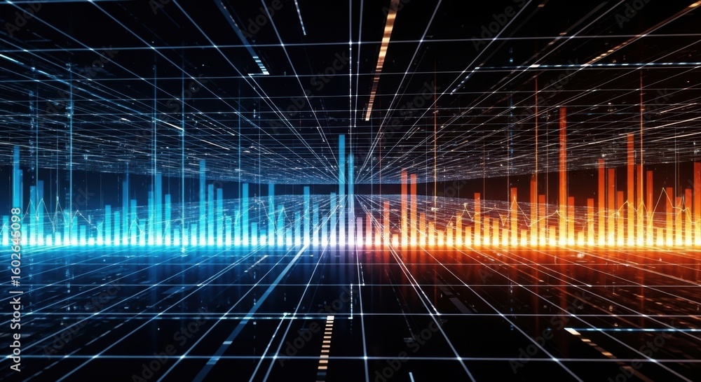 Poster vibrant digital sound wave visualization with glowing blue and orange bars against a dark grid like 