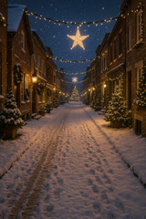 Fototapeta premium Charming snowy street decorated for christmas with bright lights