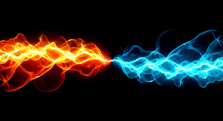 Abstract fiery orange and cool blue energy waves colliding on black background fire flame