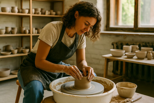 Young woman shaping clay pottery in a bright studio - Powered by Adobe