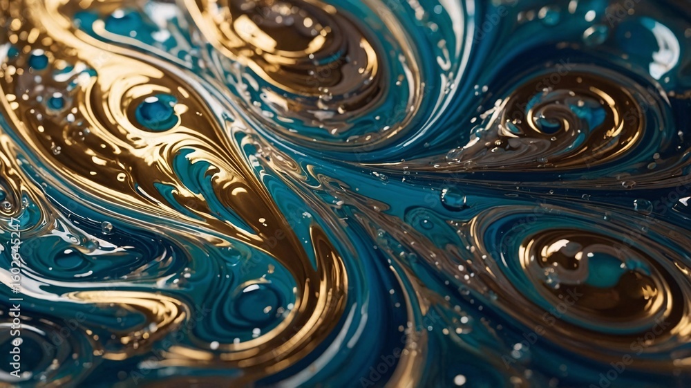 Poster an abstract swirl of rich turquoise and shimmering gold, creating a mesmerizing fluid texture.
