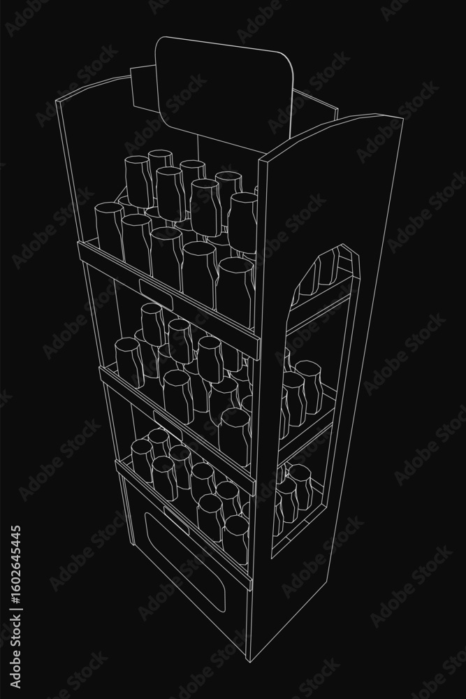 Poster a black and white contour drawing of a bottle showcase with neatly arranged bottles in a dark backgr