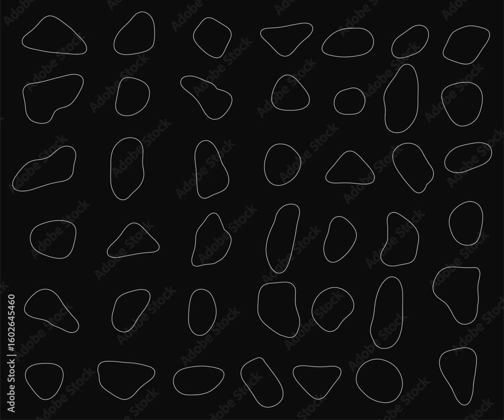 Poster a black background features a white line drawing of abstract stone contours arranged in an overlappi