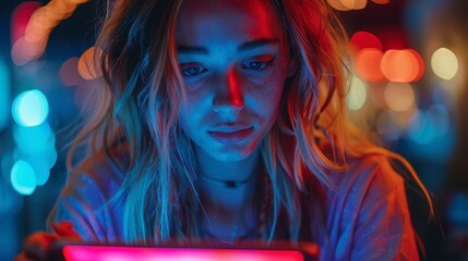Close-up of a woman looking at a tablet in vibrant nightlife