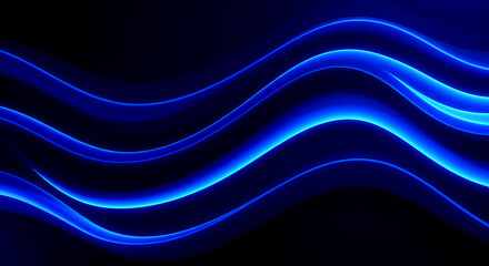 Abstract flowing neon blue light waves on dark background image