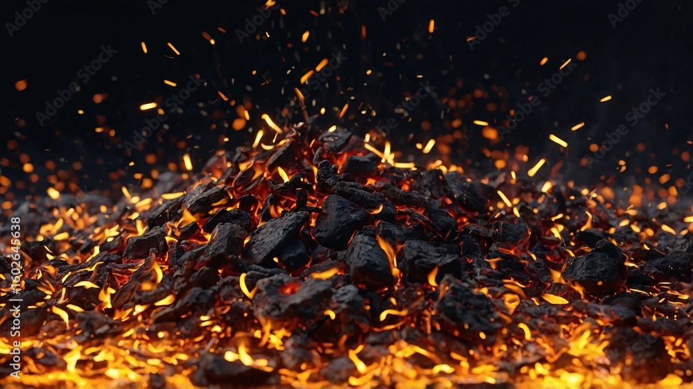 Poster a close-up shot of glowing embers with sparks flying, creating a mesmerizing display of heat and ene