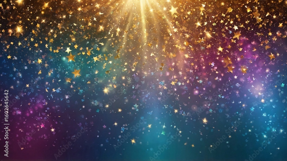 Poster a vibrant and enchanting display of golden stars and sparkles against a deep blue background, creati