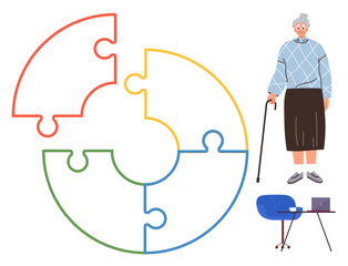 Elderly woman with cane near desk with chair, laptop, and vibrant circular puzzle. Ideal for aging, balance, strategy, support, problem-solving independence reflection. Simple flat metaphor