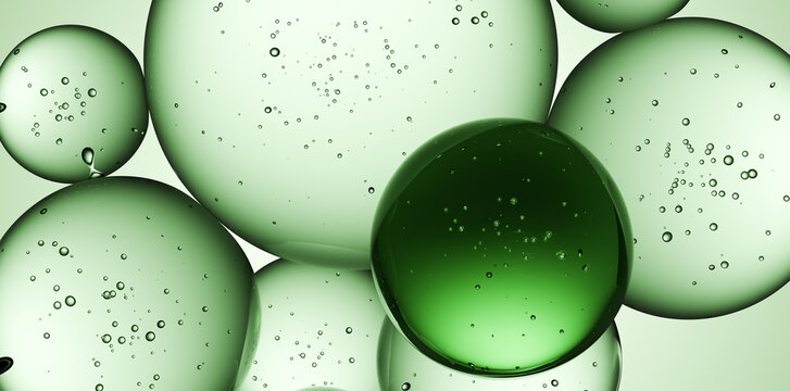 Cosmetics green serum liquid bubbles 3d abstract background. Cosmetic moisturizer essence gel. Collagen fluid bubble molecule. Moisturizing cream or oil, beauty skin concept