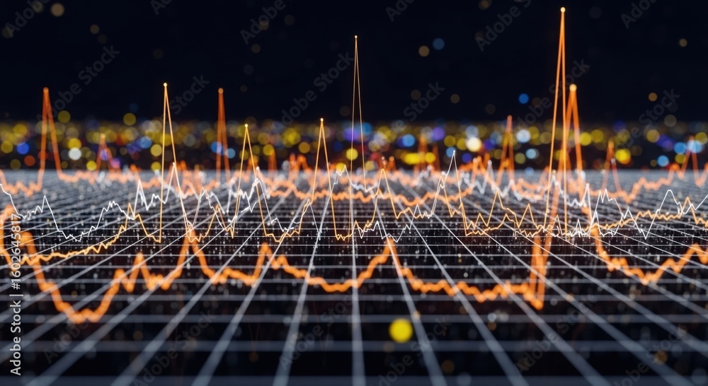 Poster abstract digital visualization of fluctuating financial market data with glowing orange lines and a 