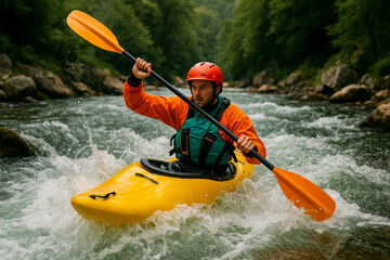 Kayaker paddling through whitewater rapids on a river