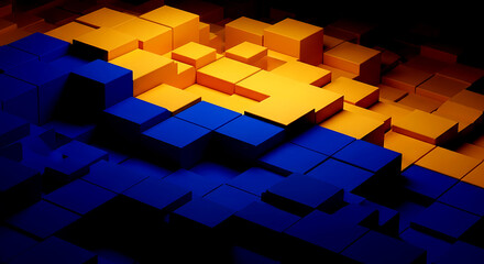 Abstract geometric pattern of blue and yellow cubes with dramatic lighting blocks