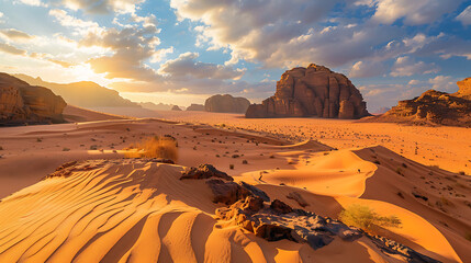 Golden hour sun illuminates vast desert dunes and rocky formations, creating a breathtaking, serene landscape ideal for travel and adventure visuals.