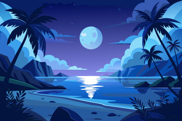 Tropical Beach at Night with Palm Trees and Full Moon Vector Illustration