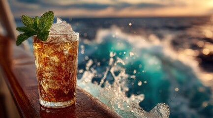 Iced beverage on a wooden railing overlooking a turquoise ocean.