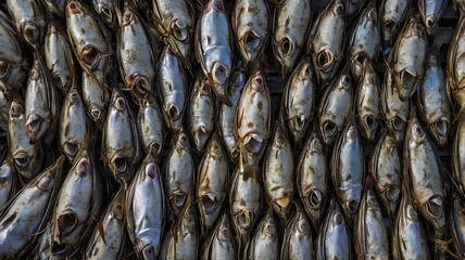 Obraz premium Dried fish laid out in neat rows, showcasing an array of silver hues and intricate textures.