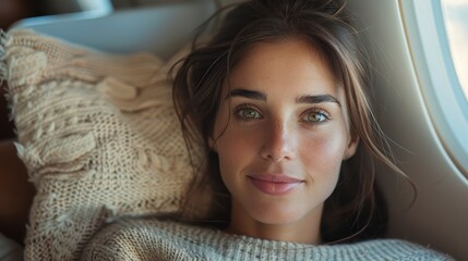Woman resting in airplane seat, looking directly at camera