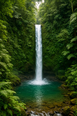Serene waterfall cascading into a tranquil pool surrounded by lush greenery