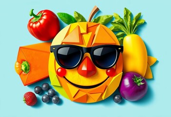 Cubist fruit & veggie face in sunglasses; vibrant, playful food art,  vitamins,  original