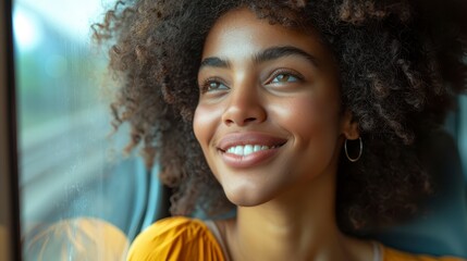 Smiling young woman looking out train window