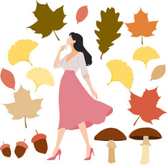 秋に考え事をする女性のイラスト