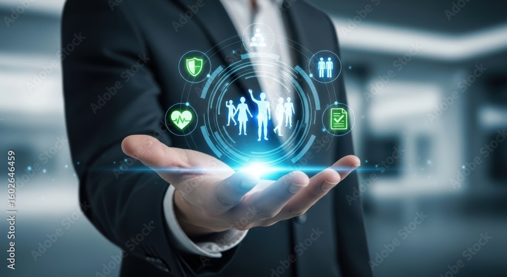 Poster businessman s hand projecting a futuristic holographic interface displaying a family icon surrounded