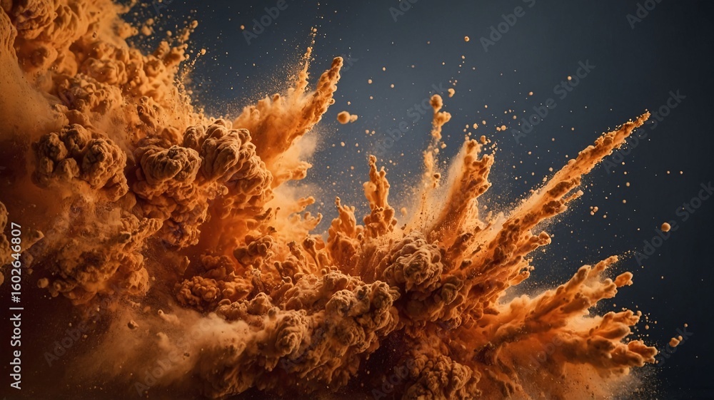 Poster a vivid explosion of orange dust and particles, creating an energetic and dynamic visual effect agai