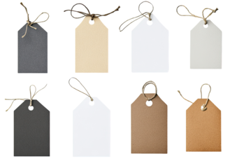 Nine blank, rectangular tags in various neutral colors, each with a knotted twine string