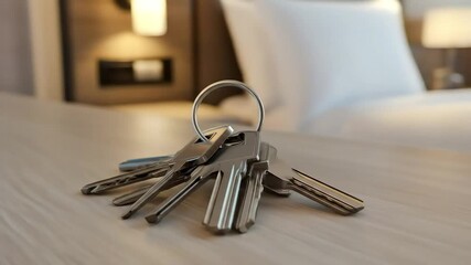 A shiny set of house keys rests on a light wooden table in a comfortable room - Powered by Adobe
