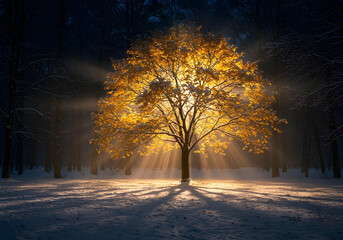 Glowing Tree with Golden Leaves Illuminated by Rays of Light in Dark Enchanted Forest, winter night, snow covered ground, moonlight filtering through the branches, ethereal glow