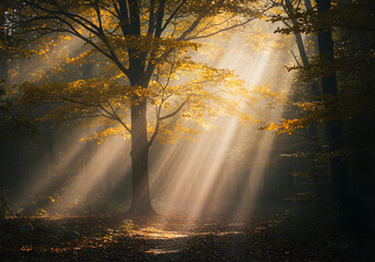 Glowing Tree with Golden Leaves Illuminated by Rays of Light in Dark Enchanted Forest, autumn, mist rolling through the forest floor, soft focus, magical atmosphere