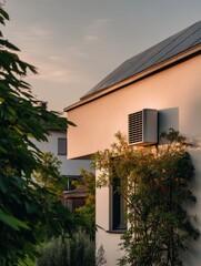Fototapeta premium Modern eco house with solar panels and heat pump, showcasing sustainable architecture, smart design, and renewable residential energy technology.