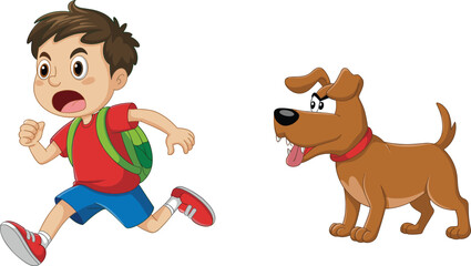 Cartoon boy running away from barking dog, scared child with backpack chased by aggressive pet animal on white background illustration