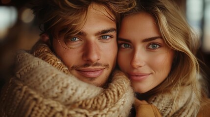 Close-up of a loving couple, wrapped in a warm knitted scarf