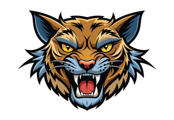 Intense Bobcat Mascot Graphic Illustration with Yellow Eyes and Sharp Teeth Detailed Vector Image for Sports Teams and Design Projects