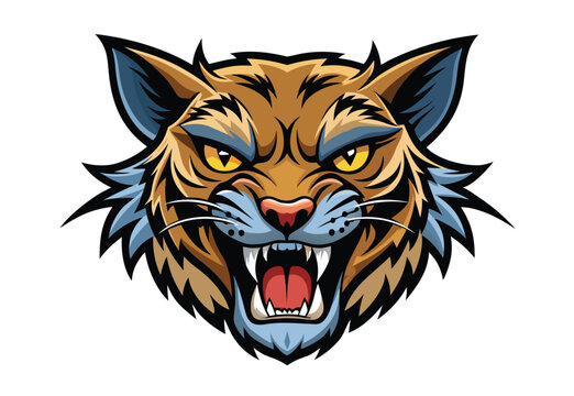 Intense Bobcat Mascot Graphic Illustration with Yellow Eyes and Sharp Teeth Detailed Vector Image for Sports Teams and Design Projects