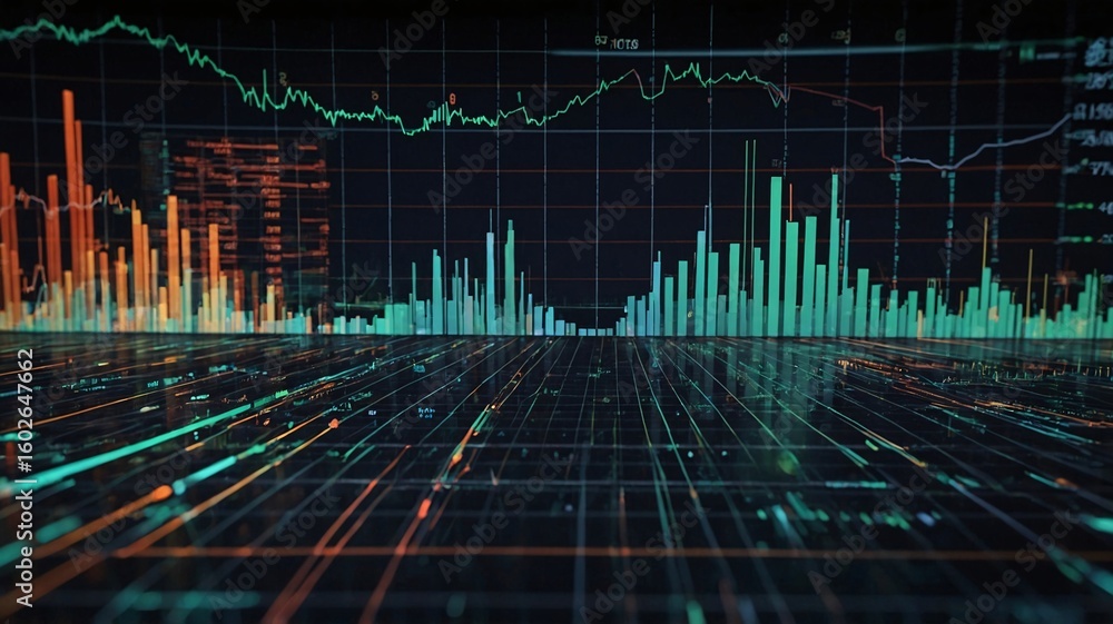 Poster dynamic financial data visualization showcasing vibrant charts and graphs for market analysis.