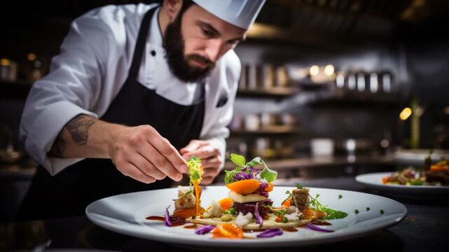 Chef carefully plating gourmet dish in upscale kitchen with vibrant vegetables and artistic presentation during dinner service