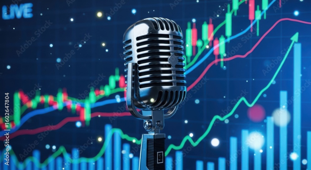 Aufkleber vintage microphone on display with dynamic stock market trading charts and data visualizations creat