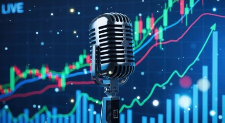 Vintage microphone on display with dynamic stock market trading charts and data visualizations creating an atmosphere of financial broadcasts