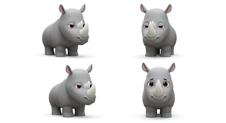 Naklejka premium Four cartoon rhino figures against white background